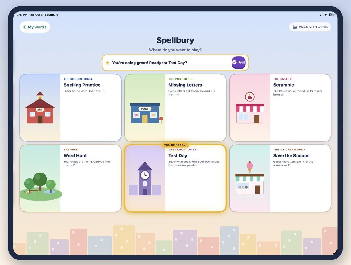 Spellbury on an iPad: six places in Spellbury town, each a game made from this week's words.